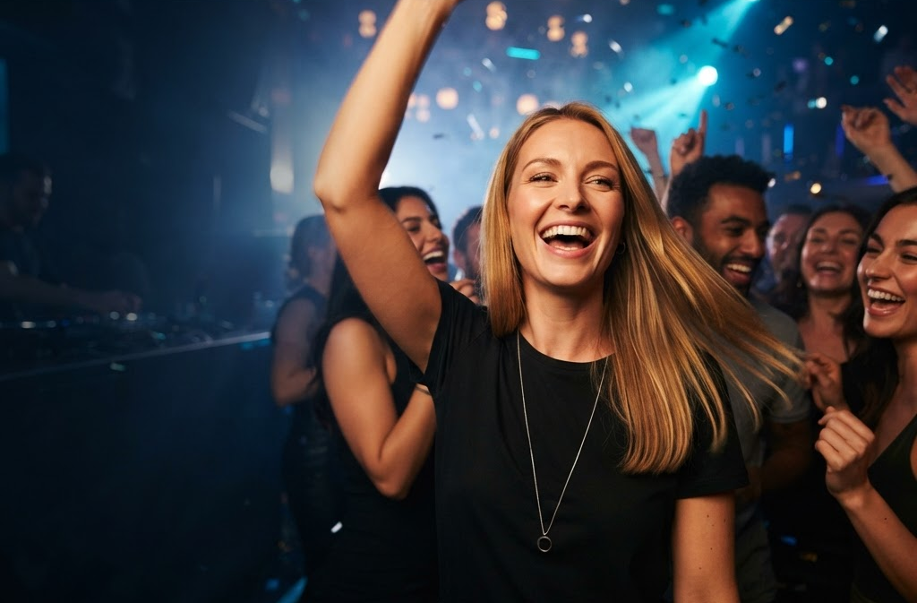 Rachel laughing and dancing with friends in a club, arm raised, while the office runs itself