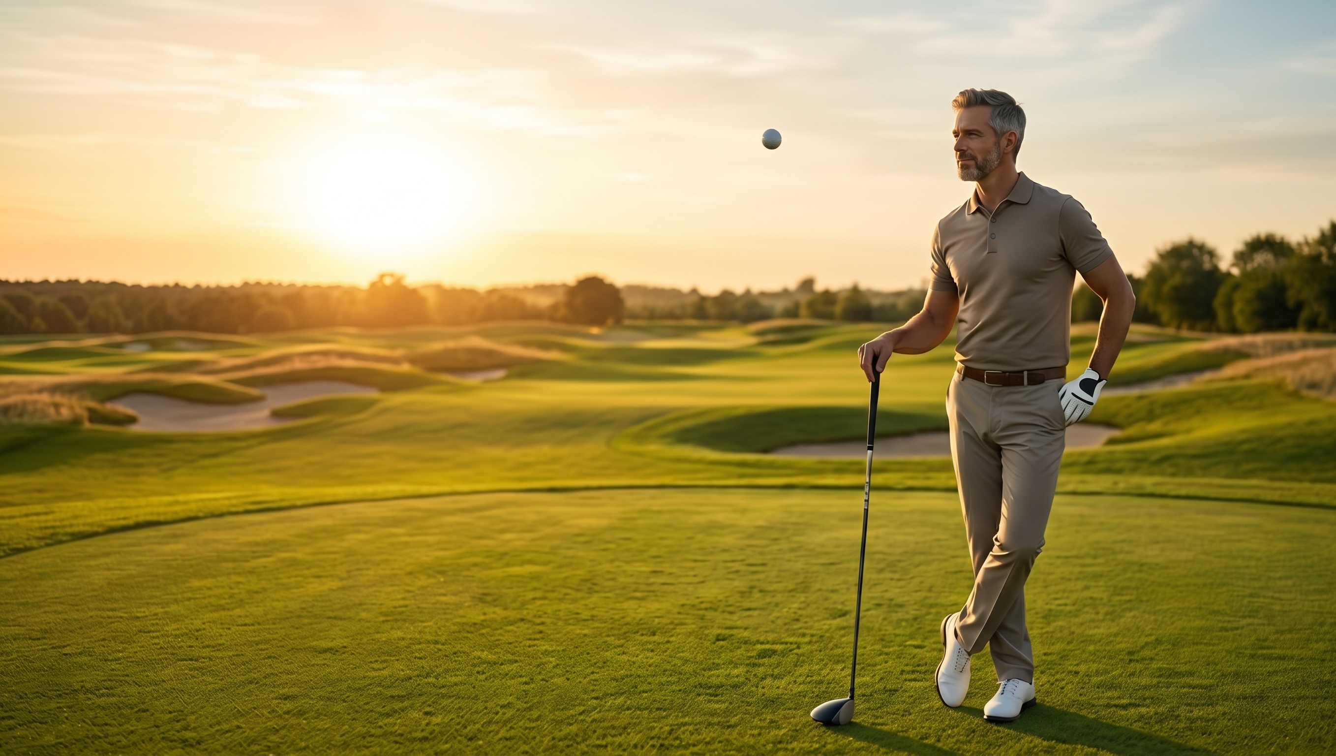 A business owner relaxing on a golf course at sunset while Sophie handles the hiring