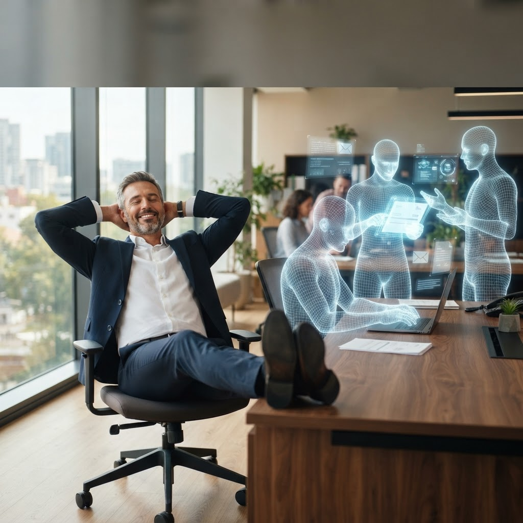 Steve leaning back with his feet on the desk, smiling, while three translucent wireframe agents chase invoices for him